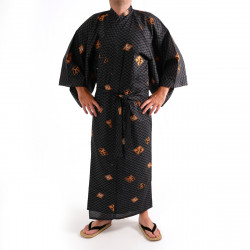 Kimono yukata japonés en algodón negro, DIAMOND, diamante y kanji