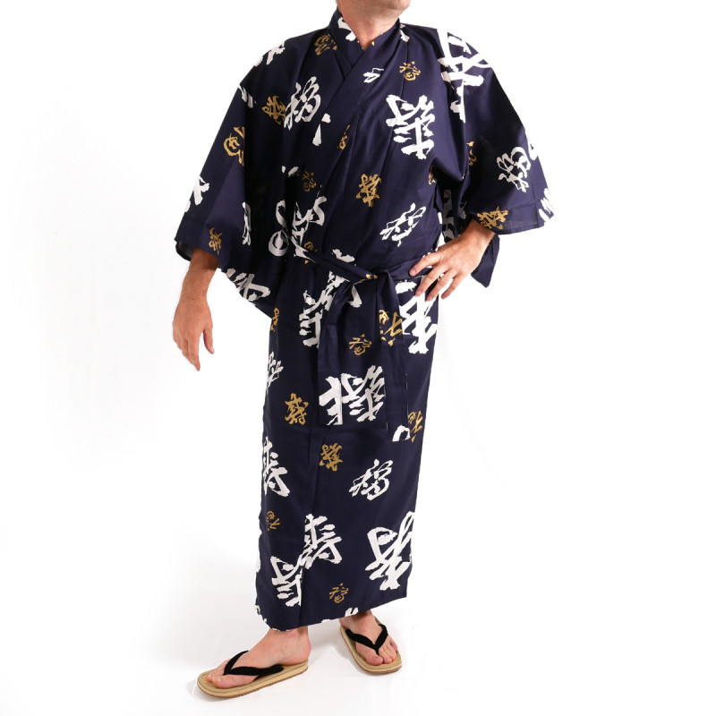 yukata kimono japonés algodón azul, CHÔJU, kanji feliz longevidad