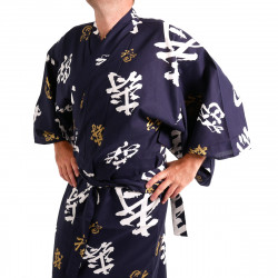 yukata kimono giapponese blu in cotone, CHÔJU, kanji felice longevità