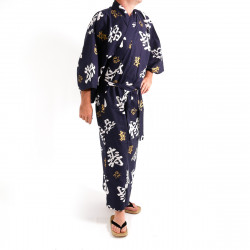 Japanese traditional blue navy cotton yukata kimono happy longevity kanji for men