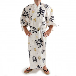 Kimono de algodón blanco japonés yukata, CHÔJU, kanji feliz longevidad