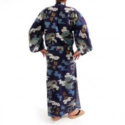 japanischer herren blauer Yukata – Kimono, KUMORYÛ, Drachen, Wolken und Kanji