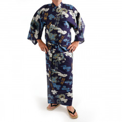 yukata kimono giapponese blu in cotone, KUMORYÛ, draghi, nuvole e kanji