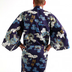 kimono yukata traditionnel japonais bleu en coton dragon nuages et kanji pour homme