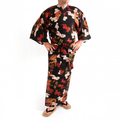 Japanese traditional red cotton yukata kimono dragon cloud and kanji for men