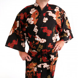 Japanese traditional red cotton yukata kimono dragon cloud and kanji for men