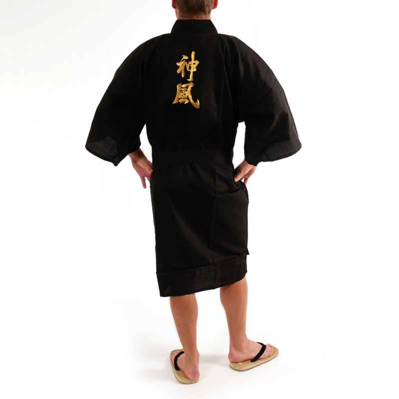 happi kimono traditionnel japonais noir en coton shantung kanji kamikaze doré pour homme