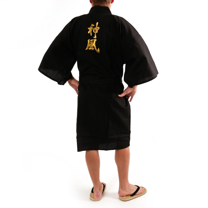 happi kimono traditionnel japonais noir en coton shantung kanji kamikaze doré pour homme