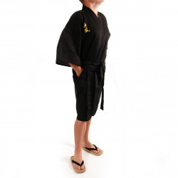 Kimono japonés happi en algodón negro, KAMIKAZE, kanji golden kamikaze