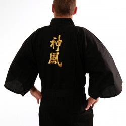 Kimono japonés happi en algodón negro, KAMIKAZE, kanji golden kamikaze