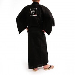 Kimono giapponese nero in cotone fine, SAMURAI, kanji