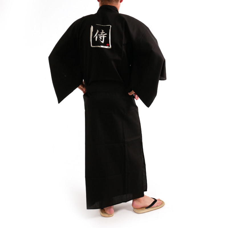 Kimono japonés negro en algodón fino, SAMURAI, kanji