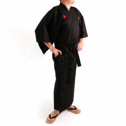 Kimono japonés negro en algodón fino, SAMURAI, kanji