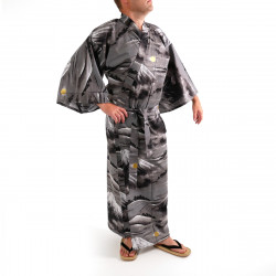 Japanese traditional black cotton yukata kimono mont fuji for men