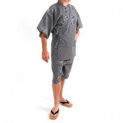 kimono jinbei traditionnel japonais bleu gris en coton kanji joie et bon augure pour homme