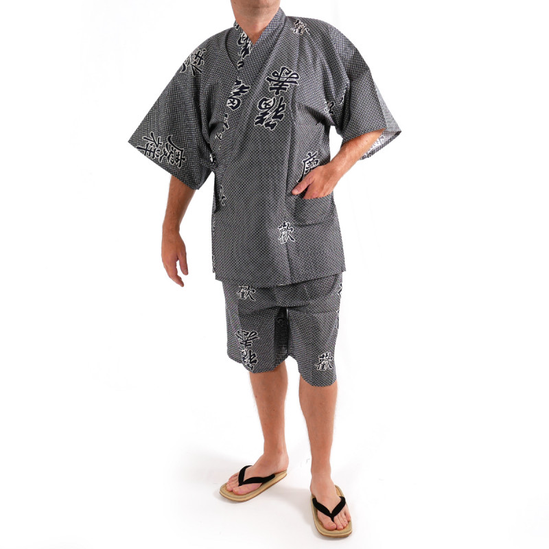 giapponese blu-grigio cotone jinbei kimono, KANJI, gioia kanji e di buon auspicio