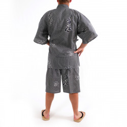 giapponese blu-grigio cotone jinbei kimono, KANJI, gioia kanji e di buon auspicio