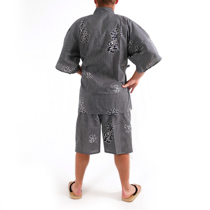 Japanese traditional blue grey cotton kimono jinbei joyous and good omen kanji for men