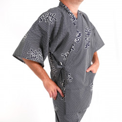 Japanese traditional blue grey cotton kimono jinbei joyous and good omen kanji for men