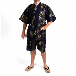 Kimono japonés jinbei en algodón azul., HIDEYOSHI, kanji general hideyoshi