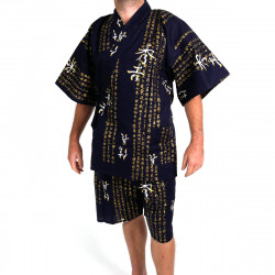 Kimono japonés jinbei en algodón azul., HIDEYOSHI, kanji general hideyoshi