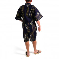 Kimono japonés jinbei en algodón azul., HIDEYOSHI, kanji general hideyoshi