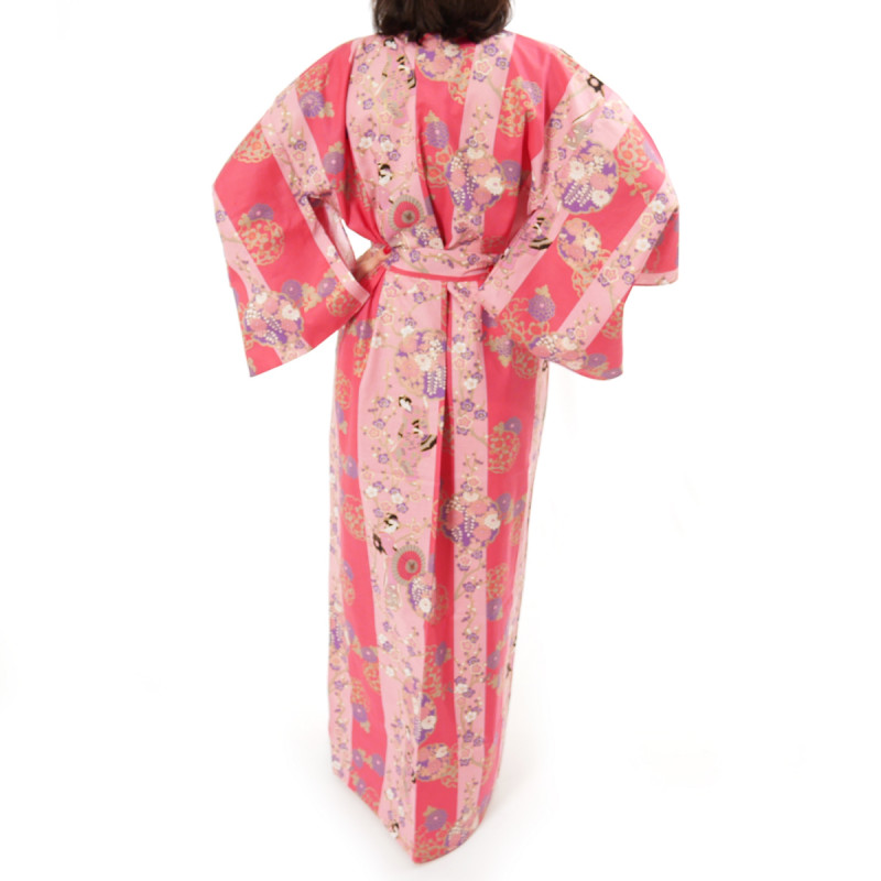 Japanese traditional pink cotton yukata kimono geisha beauty on stripe for ladies