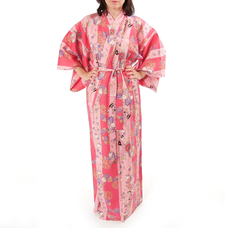 kimono yukata traditionnel japonais rose en coton beautés geisha sur fond rayé pour femme