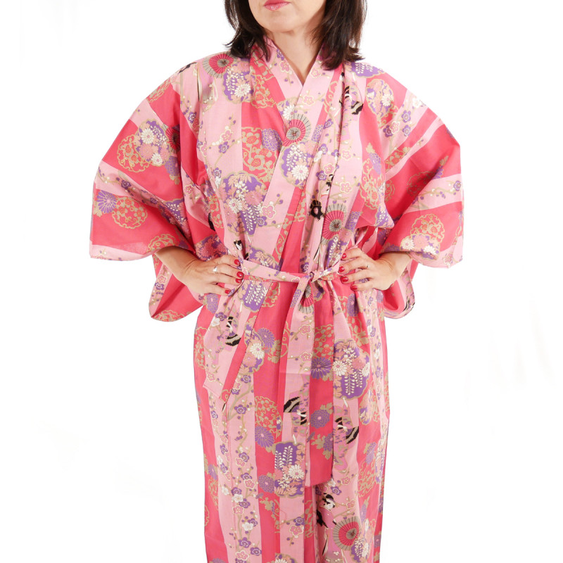 Japanese traditional pink cotton yukata kimono geisha beauty on stripe for ladies