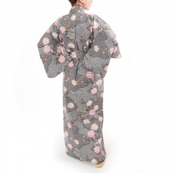 Japanese traditional black cotton yukata kimono sakura flowers on cloud pattern for ladies