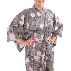 kimono giapponese yukata in cotone nero, SAKURAGUMO, fiori di ciliegio su modelli di nuvole