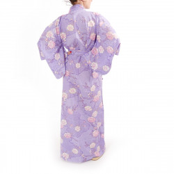 kimono yukata traditionnel japonais violet en coton fleurs de cerisiers sakura sur motifs nuages pour femme