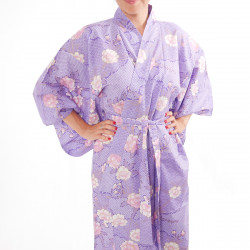 kimono yukata giapponese viola in cotone, SAKURAGUMO, fiori di ciliegio e nuvole