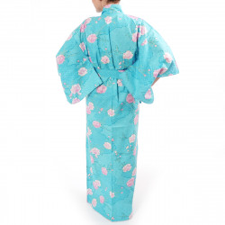 kimono giapponese yukata in cotone turchese, SAKURAGUMO, fiori di ciliegio e nuvole