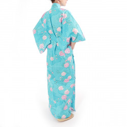 kimono giapponese yukata in cotone turchese, SAKURAGUMO, fiori di ciliegio e nuvole