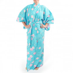 Japanese traditional turquois cotton yukata kimono sakura flowers on cloud pattern for ladies