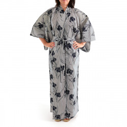 japanische Yukata Kimono blau graue Baumwolle, SHIBORI, Streifen und Iris Blumen