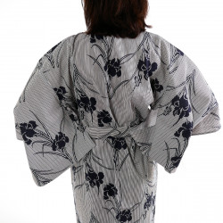 Yukata Japonés Kimono Azul Gris Algodón, SHIBORI, rayas y flores de iris