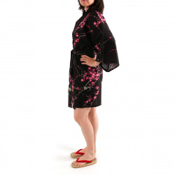 hanten kimono traditionnel japonais noir en coton oiseau et fleurs prune pour femme