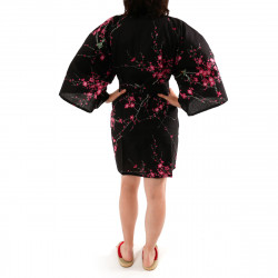 hanten kimono traditionnel japonais noir en coton oiseau et fleurs prune pour femme