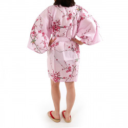 hanten kimono traditionnel japonais rose en coton oiseau et fleurs prune pour femme