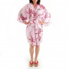 hanten kimono japonés algodón rosa, TORIUME, flor de ave y ciruelo