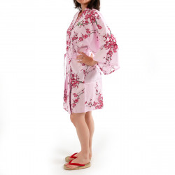 japanische Hanten Kimonos-Baumwolle, TORIUME, Vogel- und Pflaumenblüten, pink