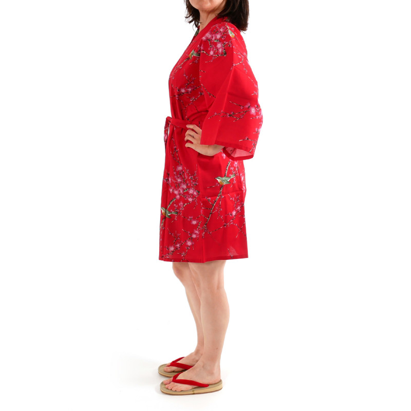 hanten kimono traditionnel japonais rouge en coton oiseau et fleurs prune pour femme