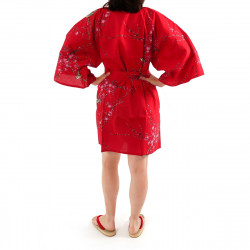 hanten kimono japonés algodón rojo, TORIUME, flor de ave y ciruelo