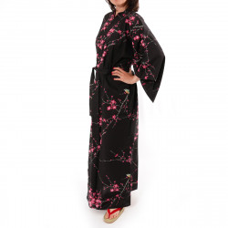 yukata japonés kimono algodón negro, TORIUME, flor de ave y ciruelo