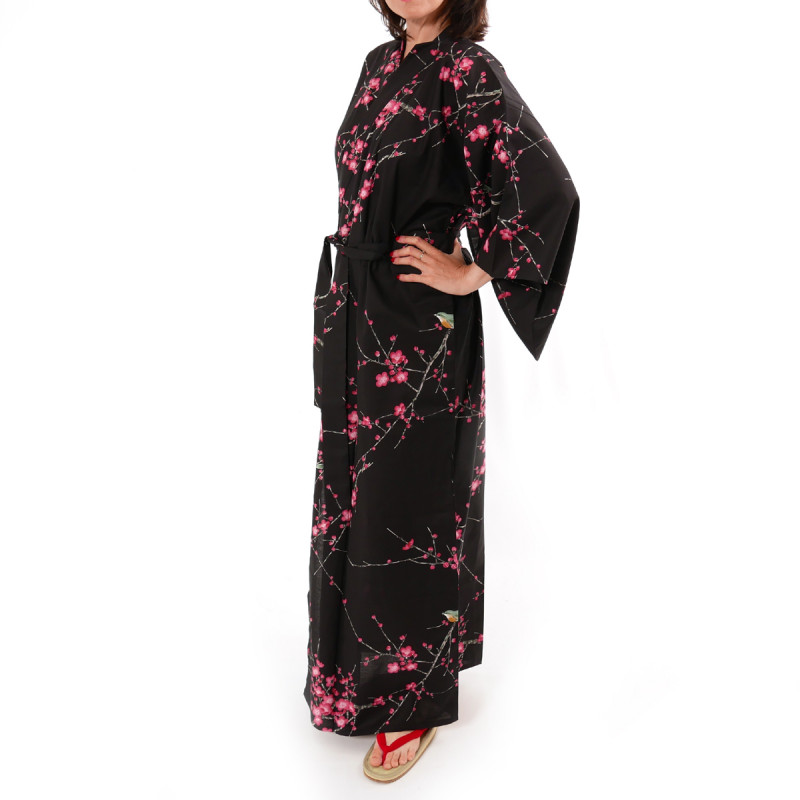 Japanese traditional black cotton yukata kimono plum and bush warbler for ladies