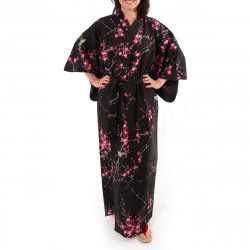 kimono giapponese yukata in cotone nero, TORIUME, fiori di uccello e prugna