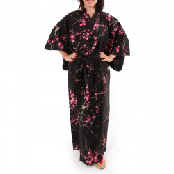 yukata japonés kimono algodón negro, TORIUME, flor de ave y ciruelo