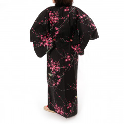 kimono giapponese yukata in cotone nero, TORIUME, fiori di uccello e prugna